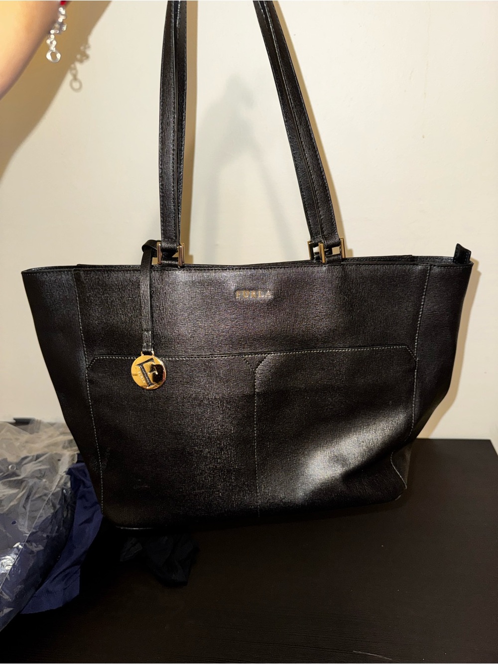 Furla Black Leather Tote with Gold Accent Charm - Picture 12 of 12
